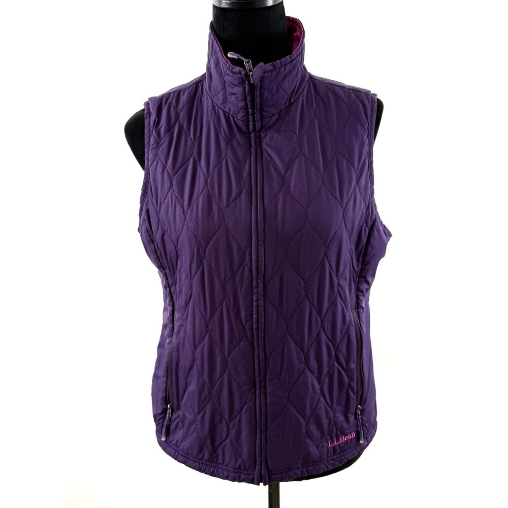 L.L. Bean Jacket Womens Petite MP Purple Pink Vest Quilted Full Zip Reversible